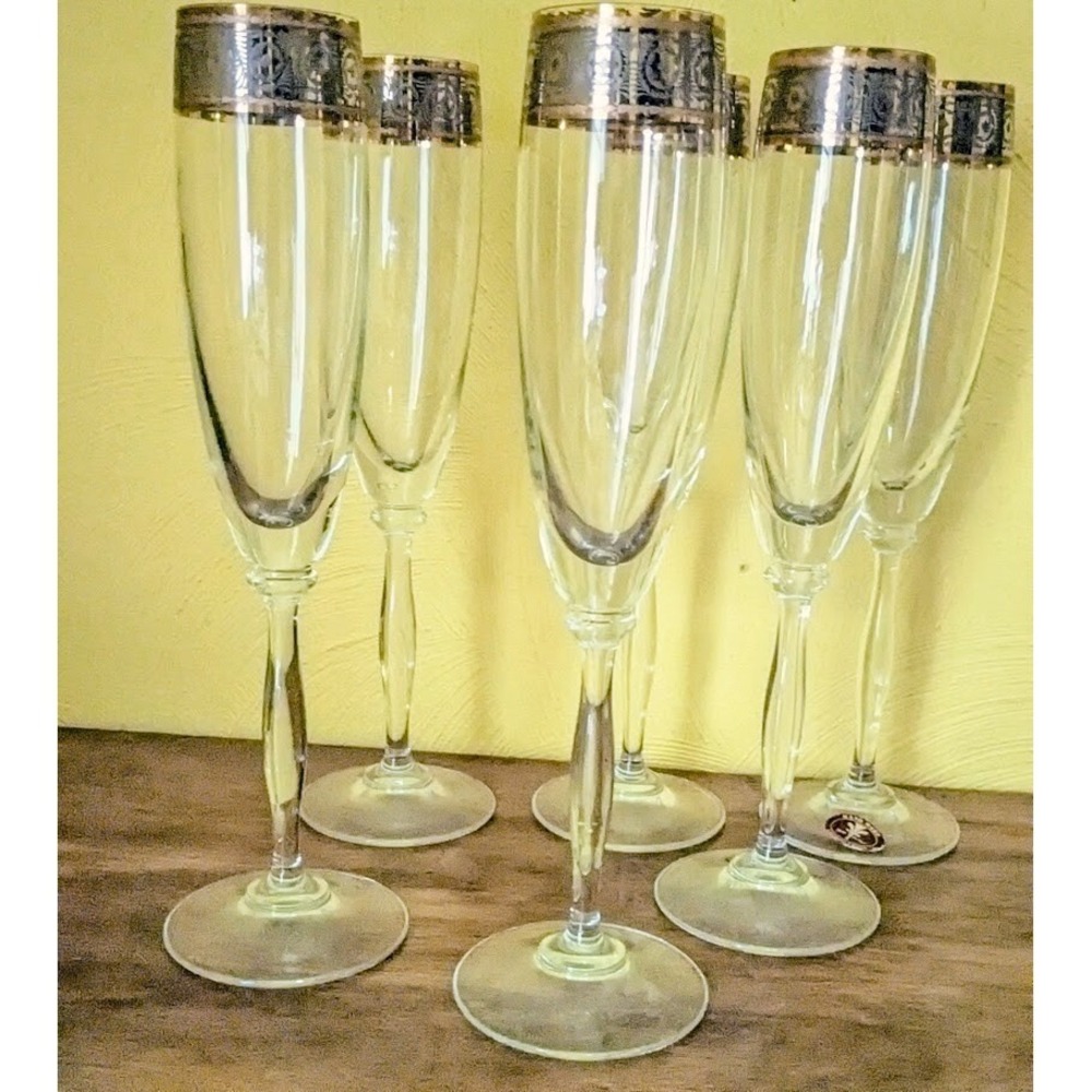 6 Champagne Glasses Lavorato J Preziosi A Mano Handmade Italy Gold Rim Elegant